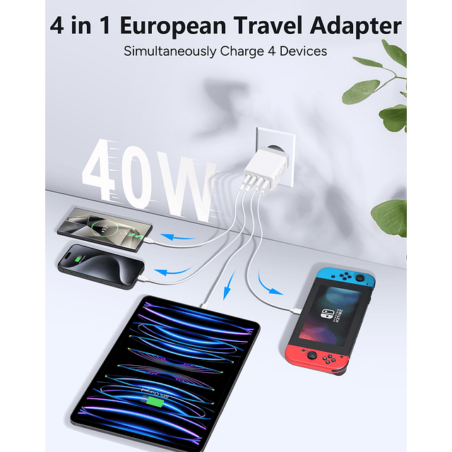 Adaptador de enchufe de viaje europeo, paquete de 2 cargador