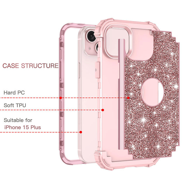 Funda para iPhone 15 Plus con purpurina brillante 3 en 1, re