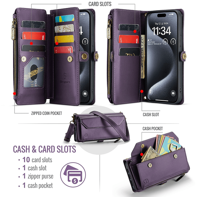 Funda tipo cartera cruzada compatible con iPhone 15 Pro Max