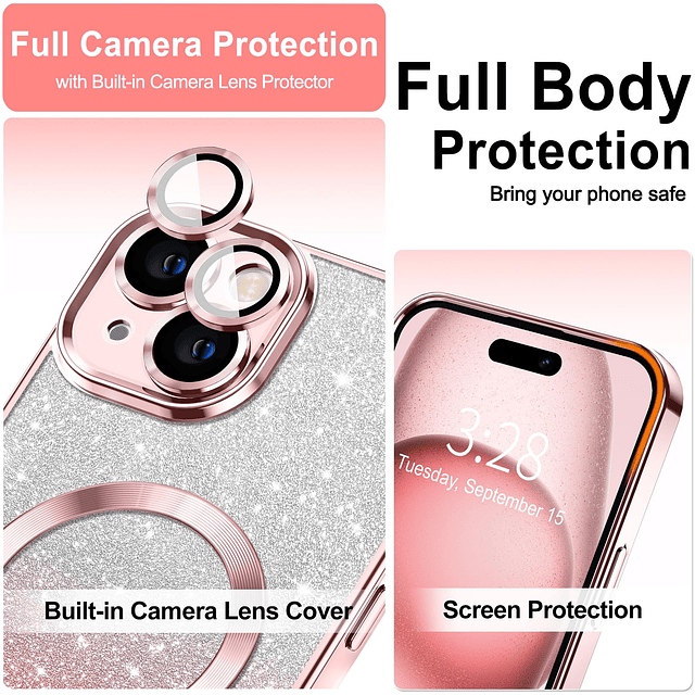 Funda para iPhone 15, transparente, magnética, con purpurina