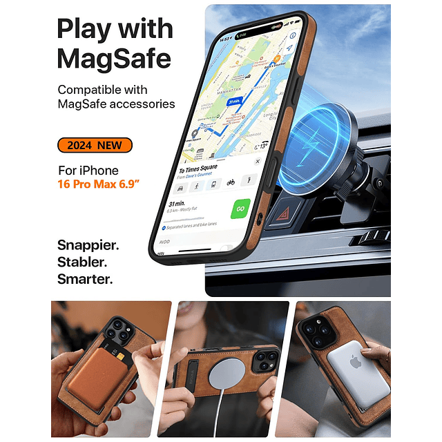 Funda de cuero magnética para iPhone 16 Pro Max, soporte inv