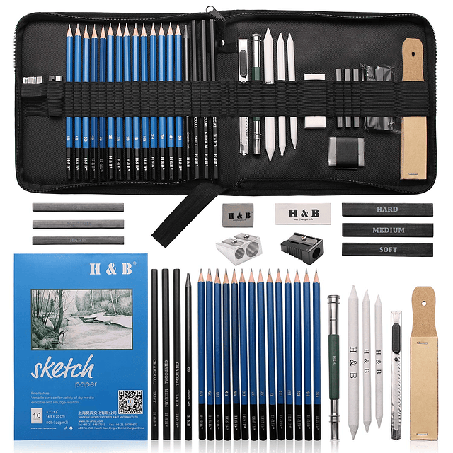 Juego de lápices de dibujo y dibujo, 35 piezas, kit de dibuj