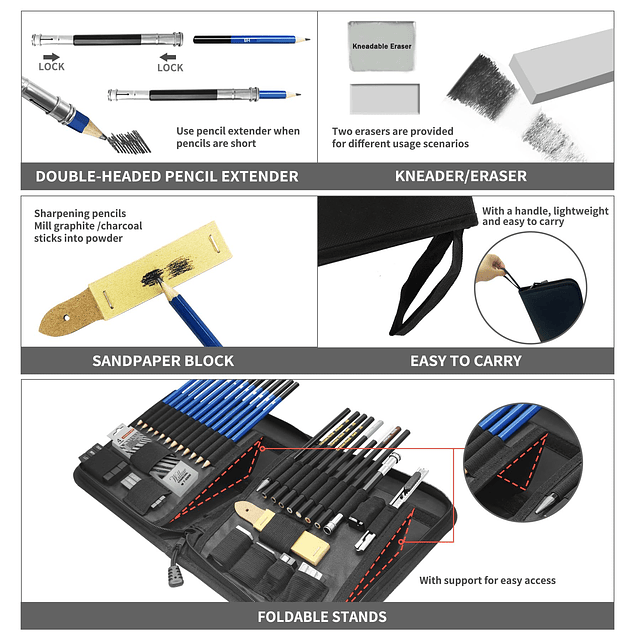 Kit de dibujo y bocetos, 41 lápices de dibujo profesionales