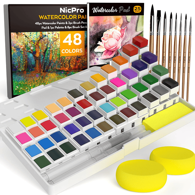 Juego de pintura de acuarela de 48 colores con 8 pinceles de