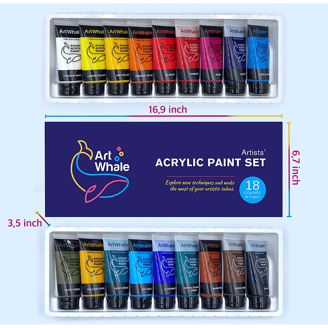 Juego de Pintura Acrílica 18 Colores/Tubos 2.5 oz (75 ml) -