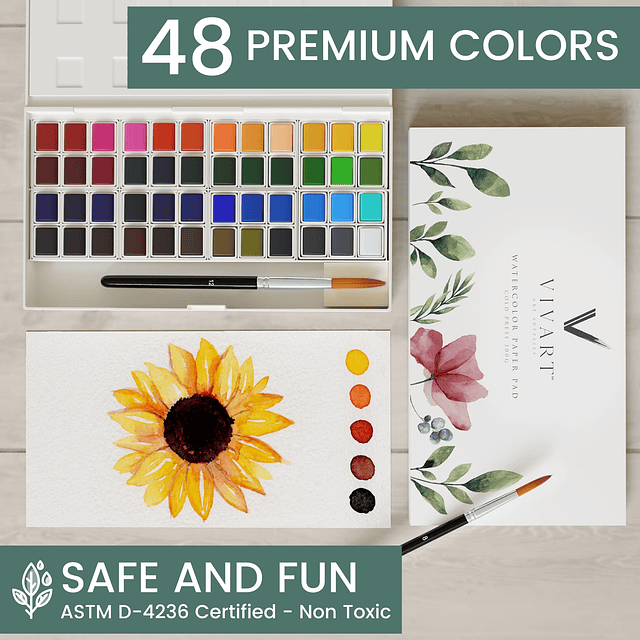 Juego de pintura de acuarela con 48 colores premium, 2 pince