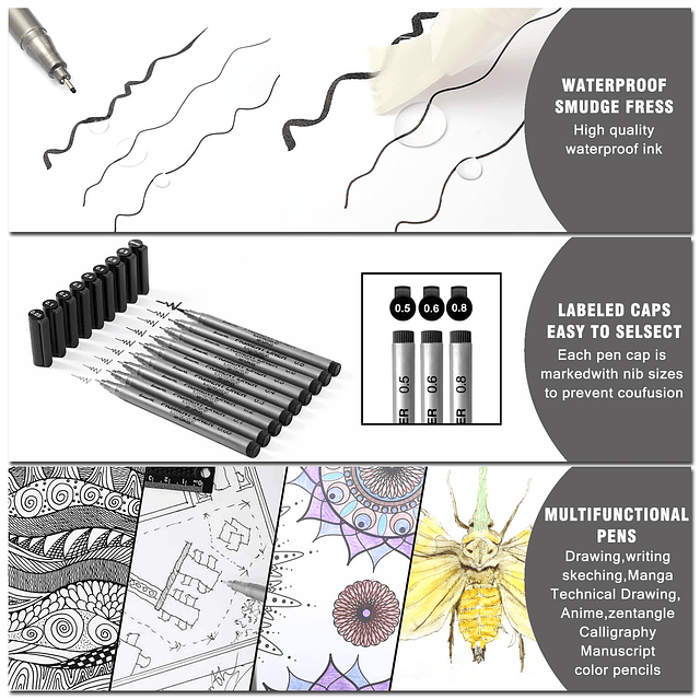 Precision Black Micro-Pen Fineliner Ink Pens, Tinta de archi