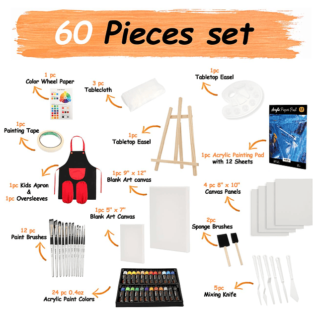 Juego de 60 piezas de pintura artística para niños, kit comp