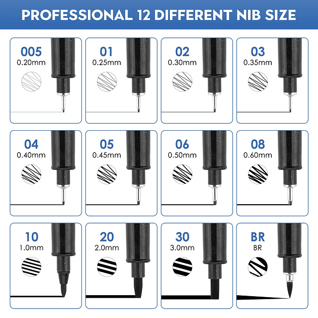 Bolígrafos de dibujo negros, juego de 12 bolígrafos artístic