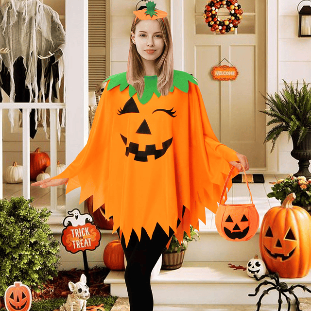 Poncho de calabaza de Halloween para mujer, disfraz de capa