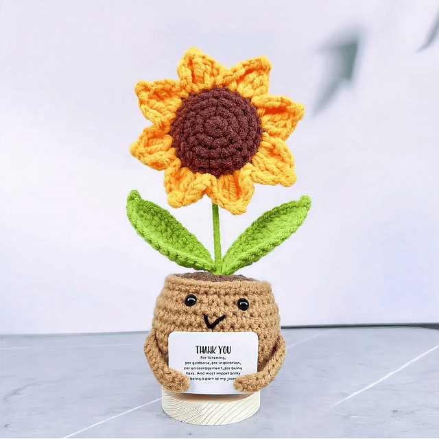 Muñeca de girasol positiva de ganchillo con tarjeta – Gracia