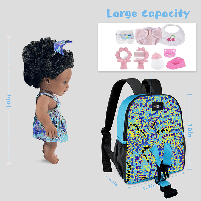 Muñeca bebé negra con porta mochila, muñeca africana america