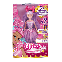 Glitzeez Hair Dreams - Muñeca de 10,5" con 5 sorpresas y atu