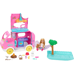 Toy Camper & Chelsea Doll, juego 2 en 1 con 2 mascotas y 15