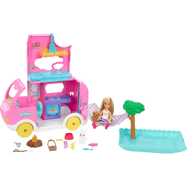 Toy Camper & Chelsea Doll, juego 2 en 1 con 2 mascotas y 15