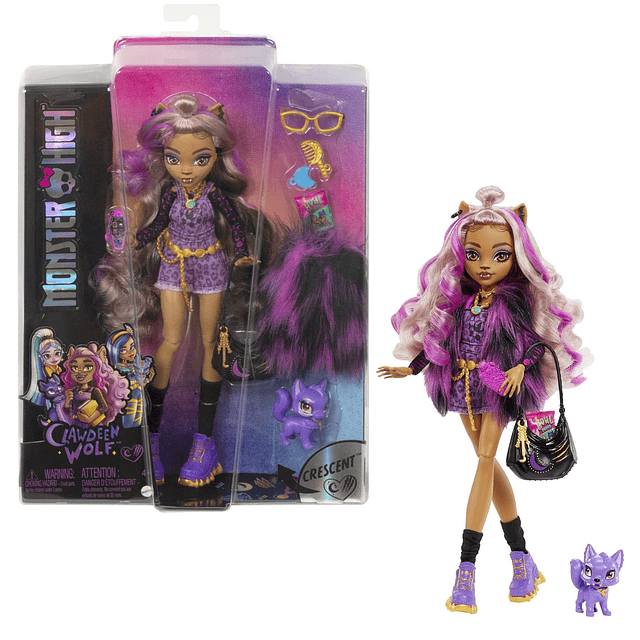 Muñeca , Clawdeen Wolf con cabello con mechas moradas en apa