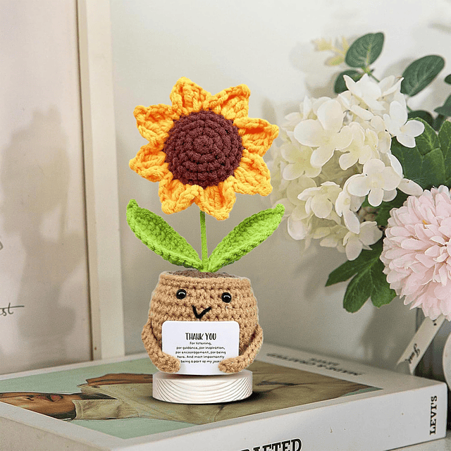 Muñeca de girasol positiva de ganchillo con tarjeta – Gracia