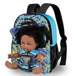 Muñeca bebé negra con porta mochila, muñeca africana america