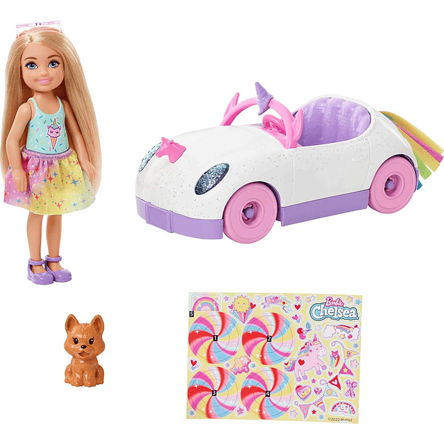 Muñeca Chelsea y coche de juguete con tema de unicornio, muñ