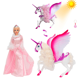 Juego de unicornio blanco y muñeca de princesa de cuento de