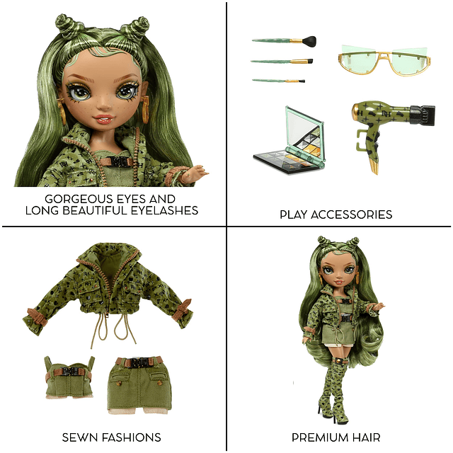 Olivia- Muñeca de moda verde camuflaje. Conjunto de moda y m