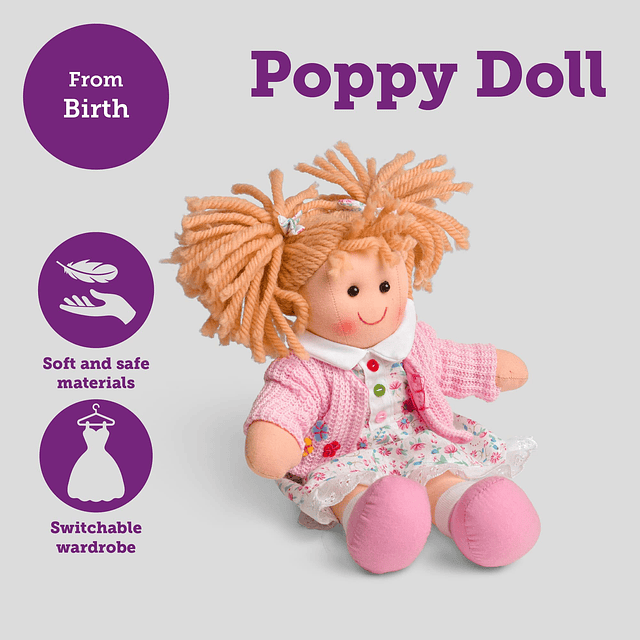 Poppy Rag Doll (pequeña) - Muñeca de trapo pequeña de 28 cm