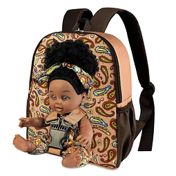 Muñeca bebé negra en mochila portabebés, muñeca africana ame