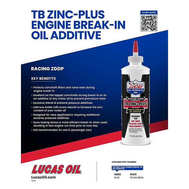 10063 Aditivo de aceite para motor con TB Zinc Plus, 16 onza