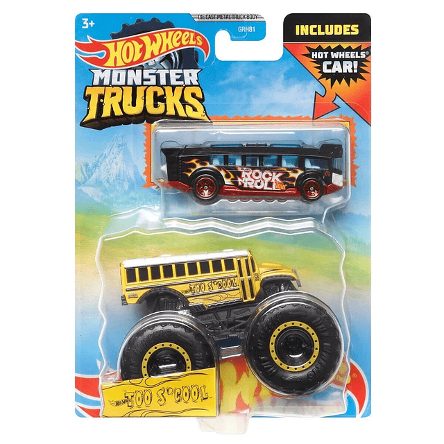 Monster Trucks Too S'Cool School Bus con auto aplastado grat