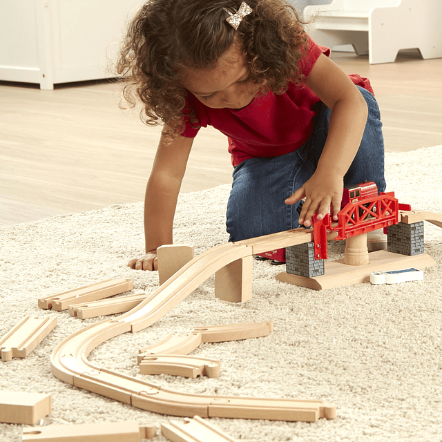 Juego de trenes de madera con puente giratorio (47 piezas) -