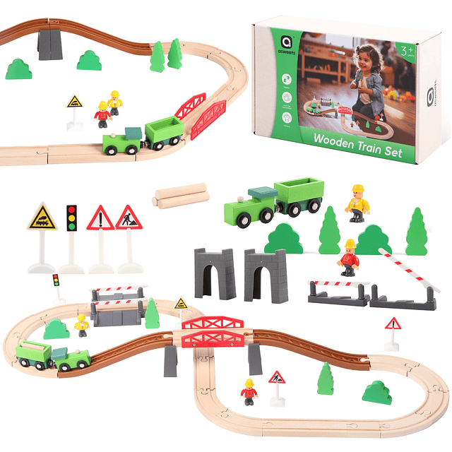 Juego de trenes de madera para niños pequeños, 42 piezas con