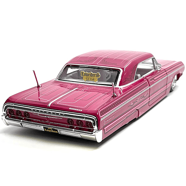 1964 Chevy Impala SS Lowrider rosa con gráficos e interior b