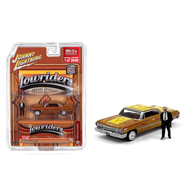 1963 Chevy Impala Lowrider Naranja con gráficos y figura fun