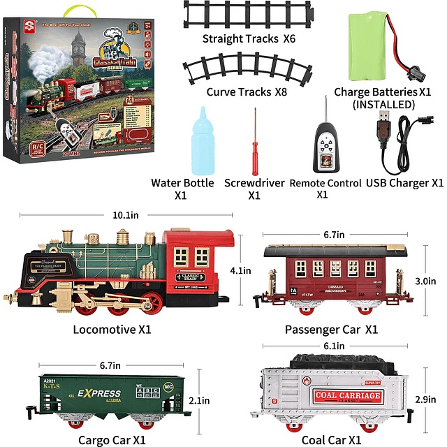 Juego de tren eléctrico navideño - Locomotora de vapor, vago