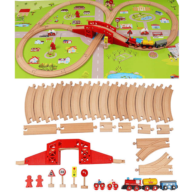 Juego de tren de madera con mapa de la ciudad, construcción