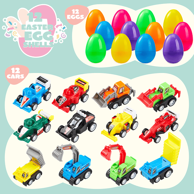 12 huevos de Pascua rellenos con coches de juguete, colorido