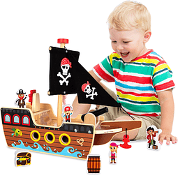 Juego de juguetes de barco pirata de madera para niños - Jue