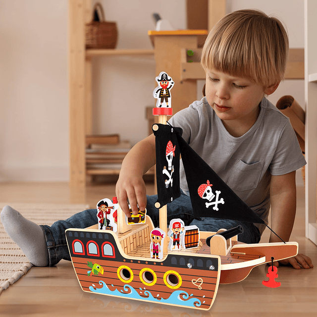 Juego de juguetes de barco pirata de madera para niños - Jue