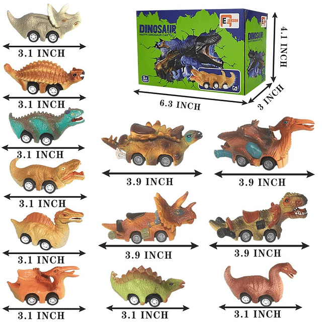 Dinosaur Toy Pull Back Cars, paquete de 12 juguetes Dino par