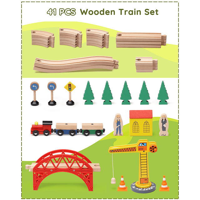 Juego de trenes de madera para niños pequeños, 41 piezas de