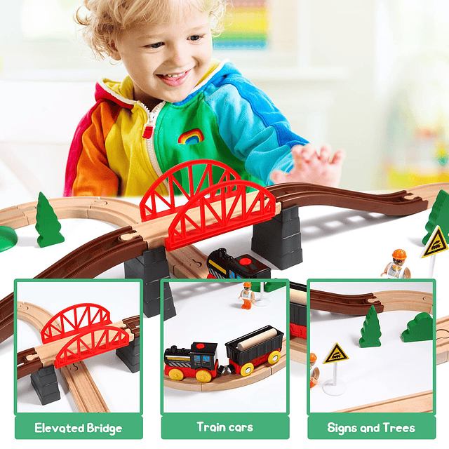 Juego de trenes de madera para niños pequeños, 40 piezas con