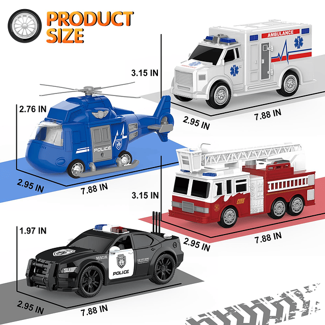 4 paquetes de juguetes para vehículos de emergencia con luce