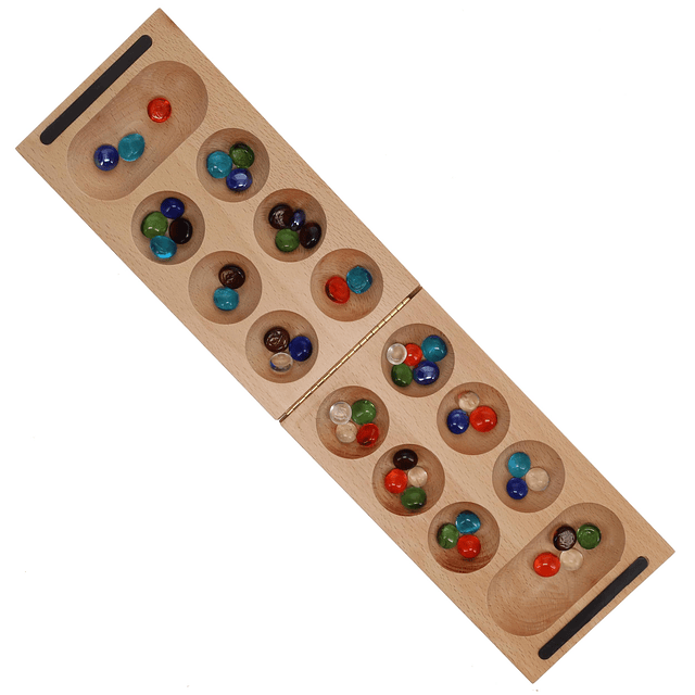 Mancala plegable - Tablero de madera maciza y piedras de vid