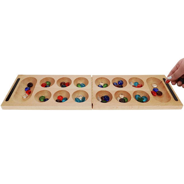 Mancala plegable - Tablero de madera maciza y piedras de vid