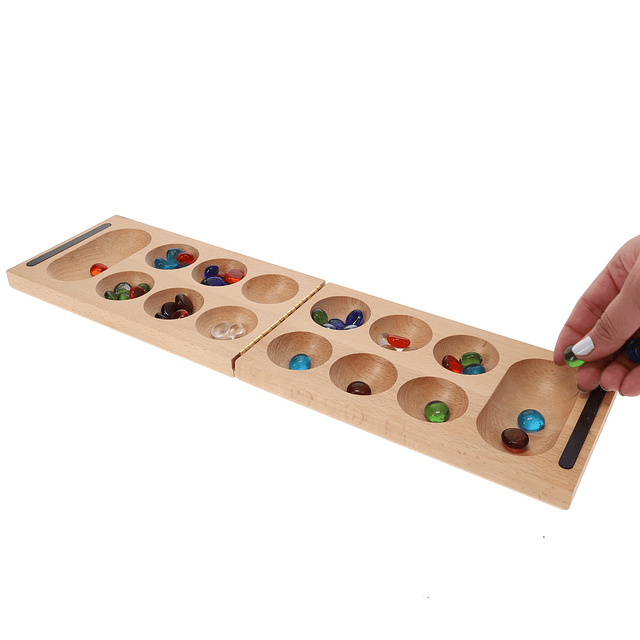 Mancala plegable - Tablero de madera maciza y piedras de vid