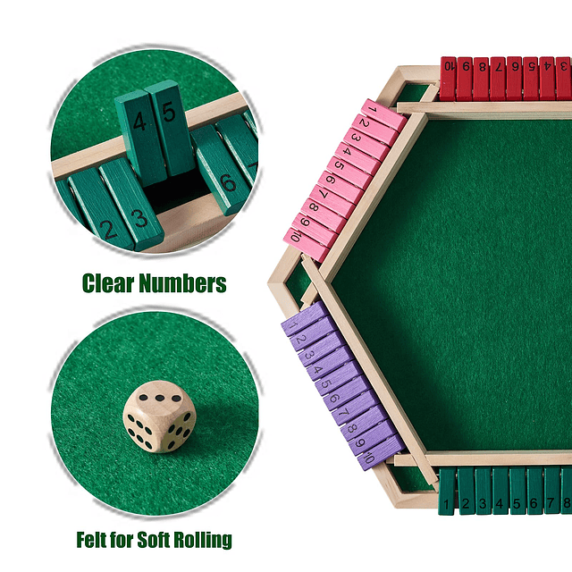 Shut The Box Game para 6 jugadores con 12+4 dados - Colorido