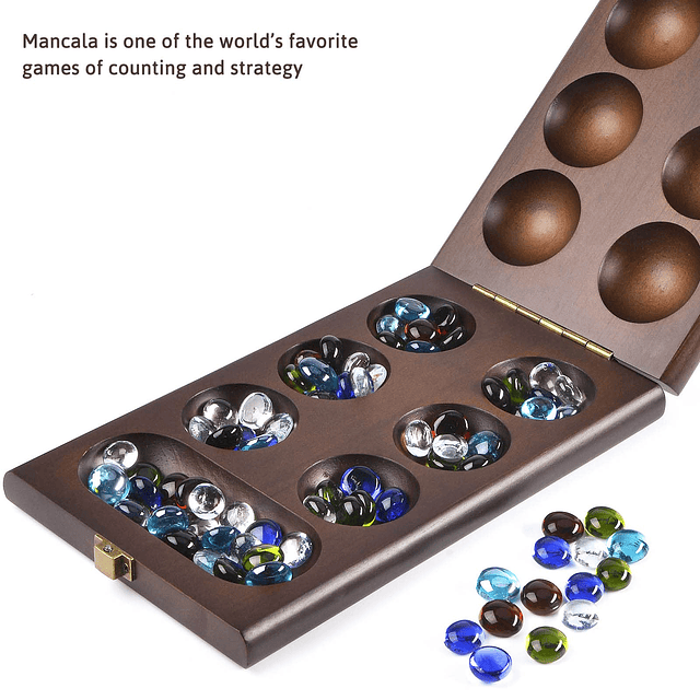 Juego de mesa Mancala de madera con 72+8 piedras de vidrio m