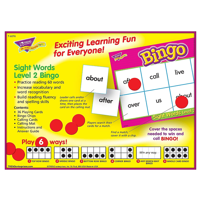 Juego de bingo Sight Words Nivel 2, forma emocionante para