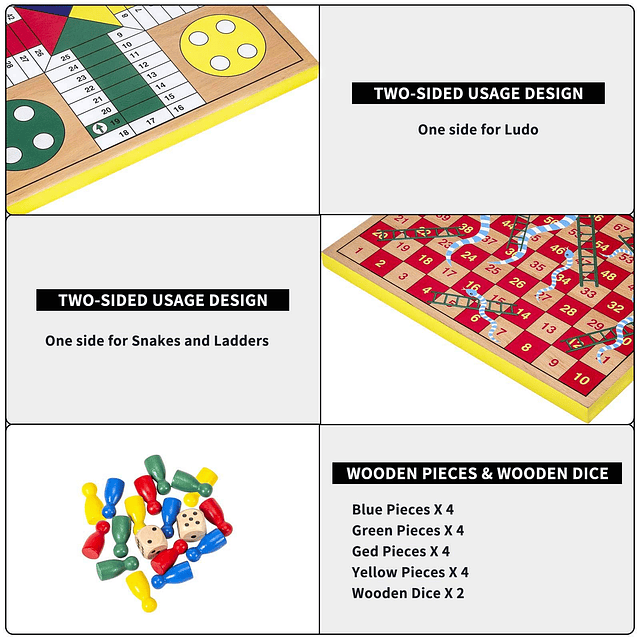 Juego de mesa Ludo de madera de 12 pulgadas – Serpientes y e