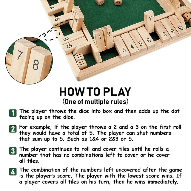 Ropoda Juego de madera Shut The Box para 2-4 jugadores - Tab